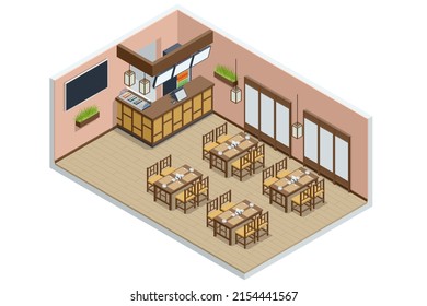 Isometric Fast Food Court Sushi, Japan fast food restaurant. Restaurant Interior, Catering, Shopping Mall