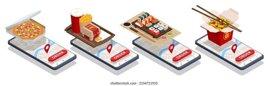 Aplicación de entrega de comida rápida isométrica en un smartphone. Pedir comida para llevar en línea en un smartphone. Sushi, café, helado, hamburguesas, ensalada y pizza