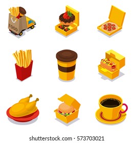 Isometric fast food delivery icon set