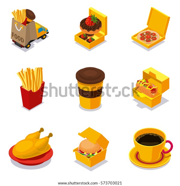 Isometric fast food delivery\
icon set