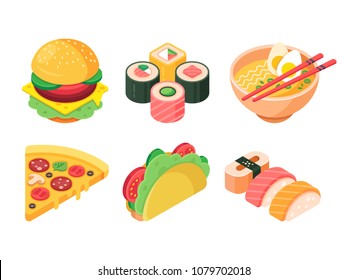 Isometric fast food icons: burger, sushi, rolls, ramen, pizza and tacos. Favorite food. Isolated vector 3d illustration set