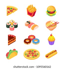 Isometric fast food icons: burger, sushi, rolls, ramen, pizza, tacos, donuts, hotdog, soda and french fries. Favorite food. Isolated vector 3d illustration