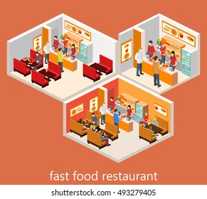 isometric fast food restaurant. Flat 3D vector illustration.