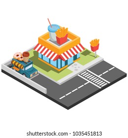 isometric fast food restaurant, vector illustration