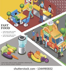 Isometric fast food template with fresh juice street truck fast food restaurant fruits and vegetables vector illustration