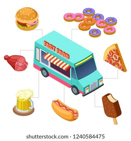 Isometric fast food truck, burger, donuts, beer, bbq vector elements