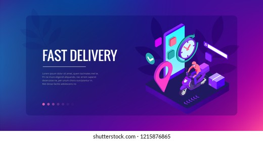 Isometric Fast and Free Delivery by Man Ride Scooter concept. Food service. Website Banner, vector illustration