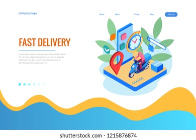 Isometric Fast and Free Delivery by Man Ride Scooter concept. Food service. Website Banner, vector illustration
