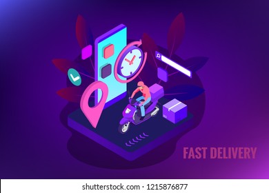Isometric Fast and Free Delivery by Man Ride Scooter concept. Food service. Website Banner, vector illustration
