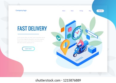 Isometric Fast and Free Delivery by Man Ride Scooter concept. Food service. Website Banner, vector illustration