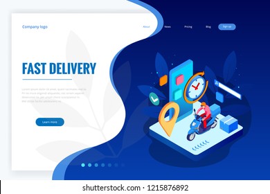 Isometric Fast and Free Delivery by Man Ride Scooter concept. Food service. Website Banner, vector illustration