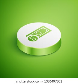 Isometric Fast payments icon isolated on green background. Fast money transfer payment. Financial services, fast loan, time is money, cash back concept. White circle button. Vector Illustration
