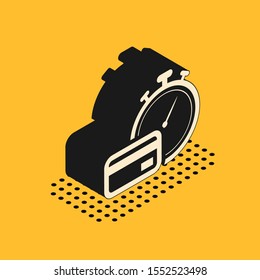 Isometric Fast payments icon isolated on yellow background. Fast money transfer payment. Financial services, fast loan, time is money, cash back concept.  Vector Illustration