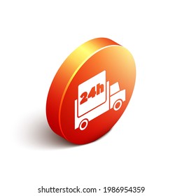 Isometric Fast durante todo el día entrega por icono de coche aislado en fondo blanco. Botón de círculo naranja. Vector