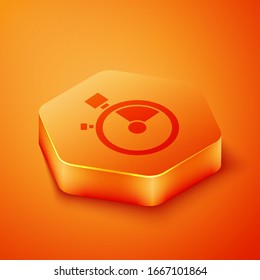 Isometric Fast time delivery icon isolated on orange background. Timely service, stopwatch in motion, deadline concept, clock speed. Orange hexagon button. Vector Illustration