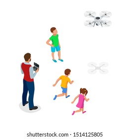 Isometric father with children launches a drone. Outdoor recreation Leisure for family. Birthday gift.