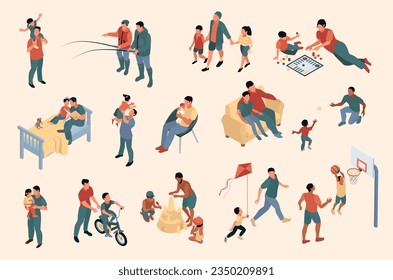 Isometric father day color set of isolated icons showing parents and kids involved in leisure activities vector illustration