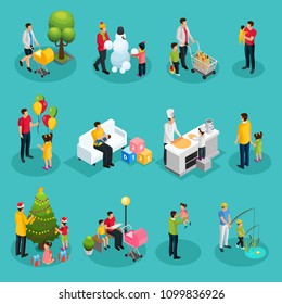 Isometric fatherhood elements set of father walking playing shopping cooking reading decorating Christmas tree fishing with children isolated vector illustration