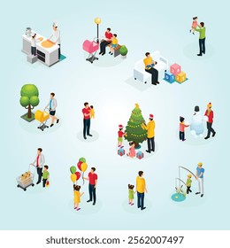 Isometric fatherhood elements set of father walking playing shopping cooking reading decorating Christmas tree fishing with children isolated