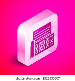 Isometric Fax machine icon isolated on pink background. Office Telephone. Silver square button. Vector Illustration