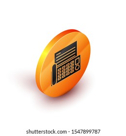 Isometric Fax machine icon isolated on white background. Office Telephone. Orange circle button. Vector Illustration