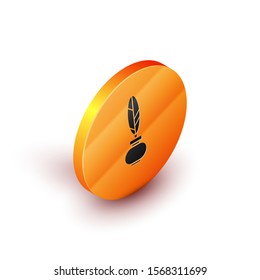 Isometric Feather and inkwell icon isolated on white background. Orange circle button. Vector Illustration