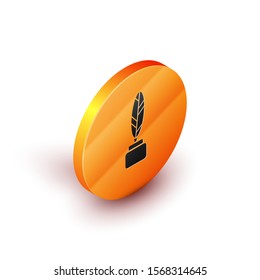 Isometric Feather and inkwell icon isolated on white background. Orange circle button. Vector Illustration