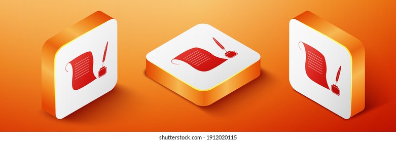 Fiebre isométrica en el tintero, icono de desplazamiento de papel aislado en el fondo naranja. Botón cuadrado naranja. Vector.