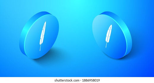 Isometric Feather pen icon isolated on blue background. Blue circle button. Vector.