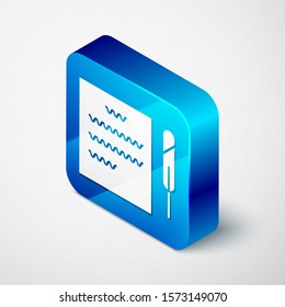 Isometric Feather pen and paper scroll icon isolated on white background. Blue square button. Vector Illustration
