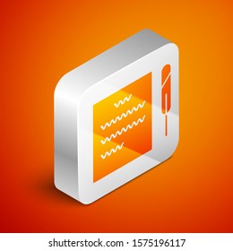 Isometric Feather pen and paper scroll icon isolated on orange background. Silver square button. Vector Illustration