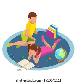 Isometric Featuring Kids Reading Books concept. Children read books at home in the nursery.