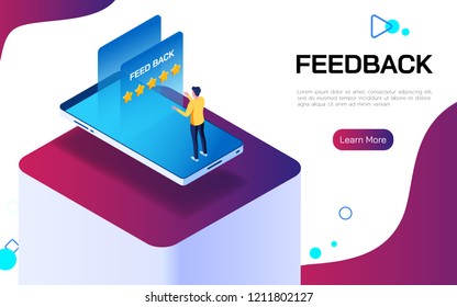 Isometric feedback or rating concept. Businessman stand on smartphone in front of a screen show the best estimate of performance five star rating. Vector Illustration.