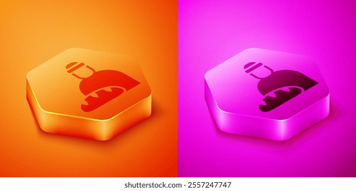 Isometric Feeding the homeless icon isolated on orange and pink background. Help and support. Giving food to the hungry concept. Hexagon button. Vector