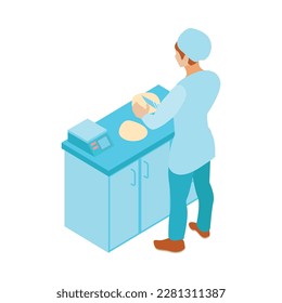 Isometric female baker cutting dough with knife 3d vector illustratio