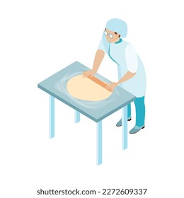 Isometrisches weibliches Bäckerchen in Brille, das Gebäck ausrollt 3D-Vektorgrafik