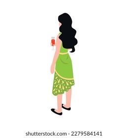 Isometric female banquet guest with glass of wine back view 3d vector illustration