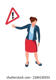 Isometric Female Character Of Driving Instructor And Warning Road Sign 3d Vector Illustration