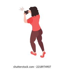Isometric Female Character Of Tourist Taking Photo Back View 3d Vector Illustration