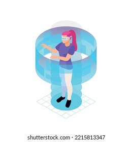 Isometric Female Character With Vr Headset Touching Virtual Reality Interface 3d Vector Illustration