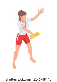 Isometric Female Character Of Water Aerobics Class Coach Training With Dummbell Isometric Vector Illustration
