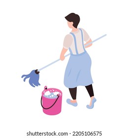 Isometric female cleaning service worker mopping floor with brush 3d vector illustration