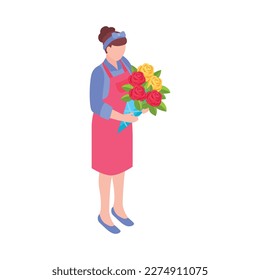 Isometric female florist with bunch of flowers 3d vector illustration