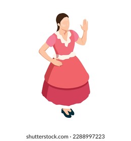 Isometric female folk dancer wearing pink dress 3d vector illustration