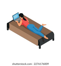 Isometric female freelancer lying on sofa and working on laptop vector illustration