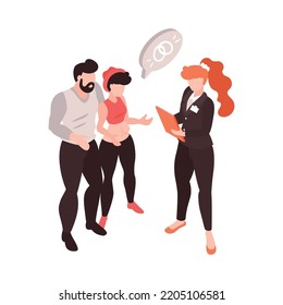 Isometric female notary talking to married couple 3d vector illustration