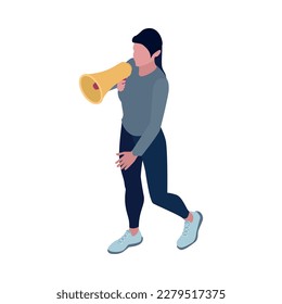 Isometric female protester with megaphone 3d vector illustration