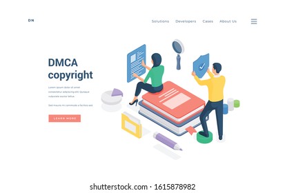 Isometric Female Sitting On Books And Reading Data While Male Verifying Intellectual Property While Representing DMCA Copyright Law Implementation On Website Banner Vector Illustration