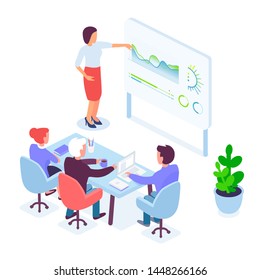 Isometric female speaker conducting presentation for coworkers during business meeting in office vector illustration.