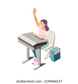 Isometric female student in high school classroom 3d vector illustration